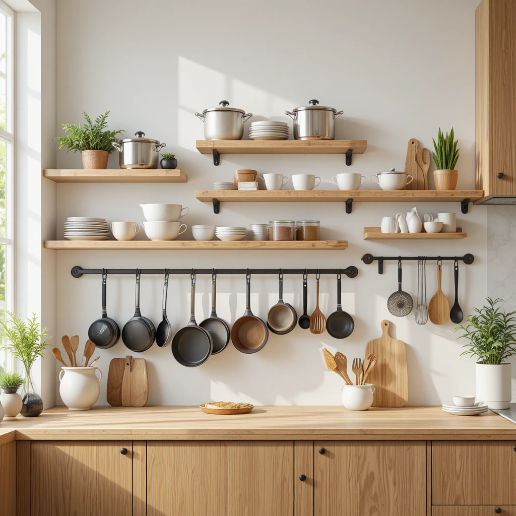 A stylish kitchen featuring vertical storage solutions such as floating wooden shelves