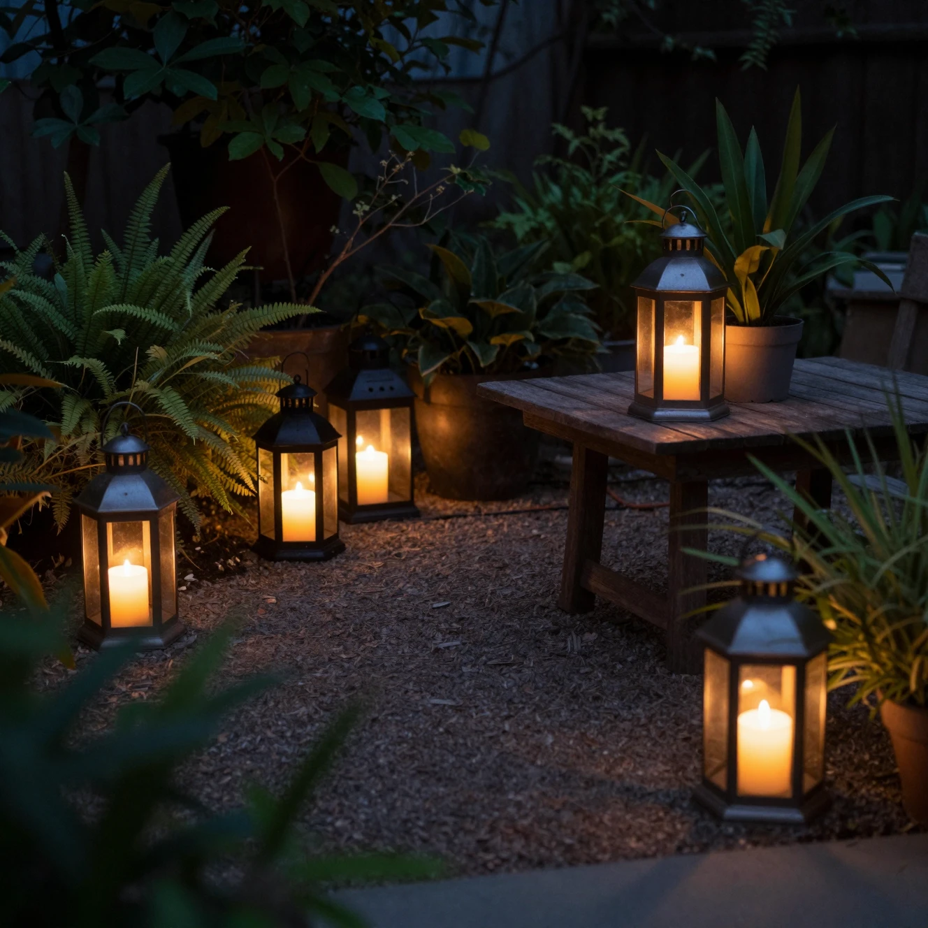 Cozy garden evening scene with multiple outdoor lanterns placed on the ground and table