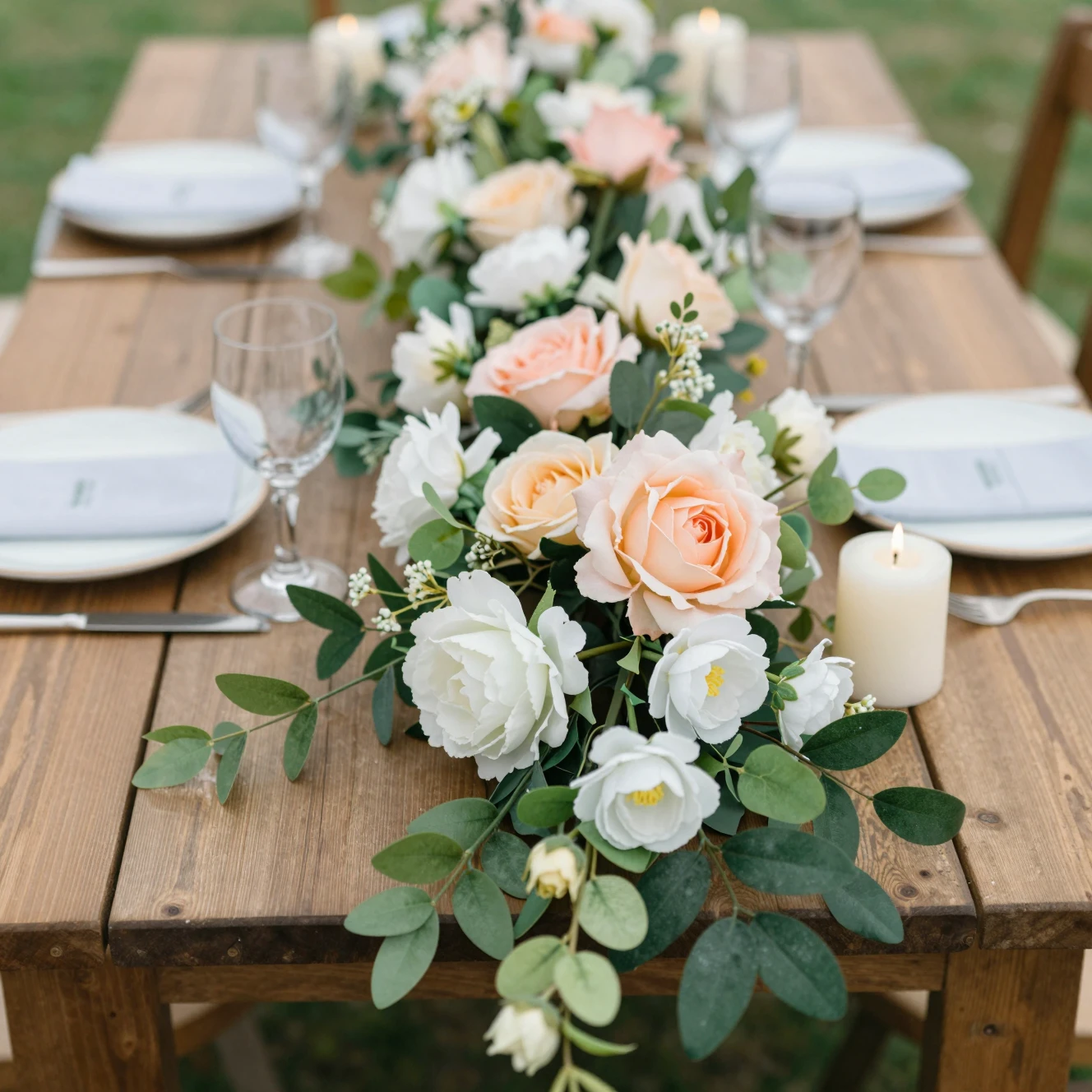 Close-up of a rustic wooden outdoor table decorated with a lush artificial flower garland used as a 