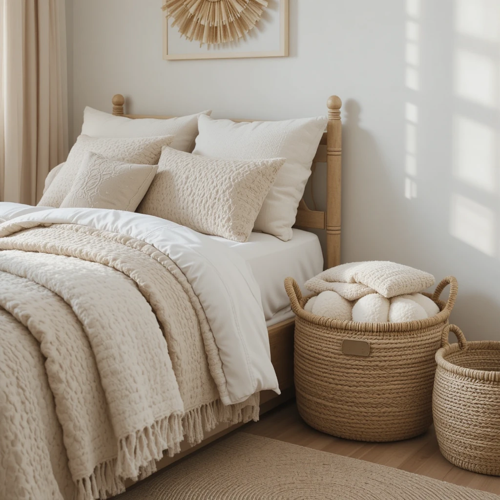 A stylish small bedroom corner with woven storage baskets placed beside a bed