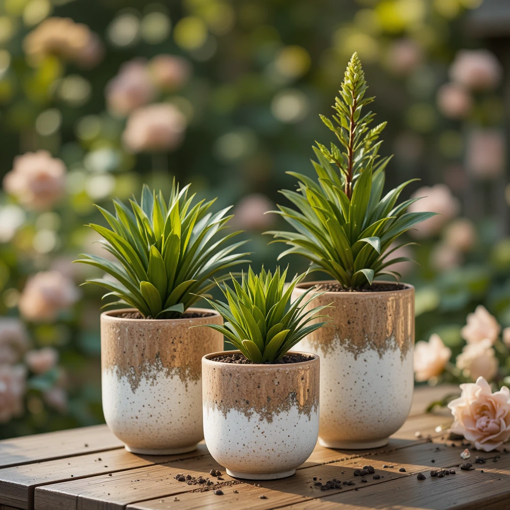 Stylish garden arrangement showing simple green plants elevated in elegant distressed clay pots