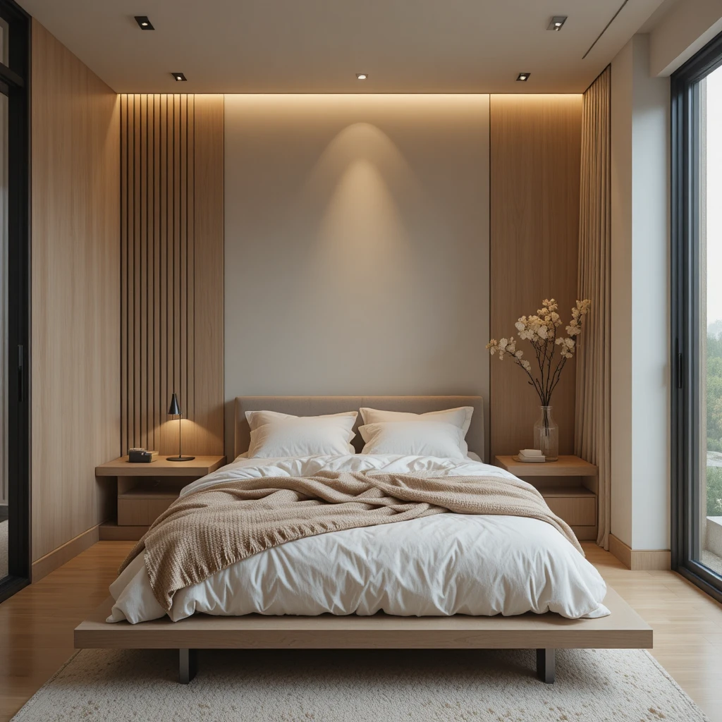 A tiny cozy bedroom with a low platform bed, soft layered bedding,