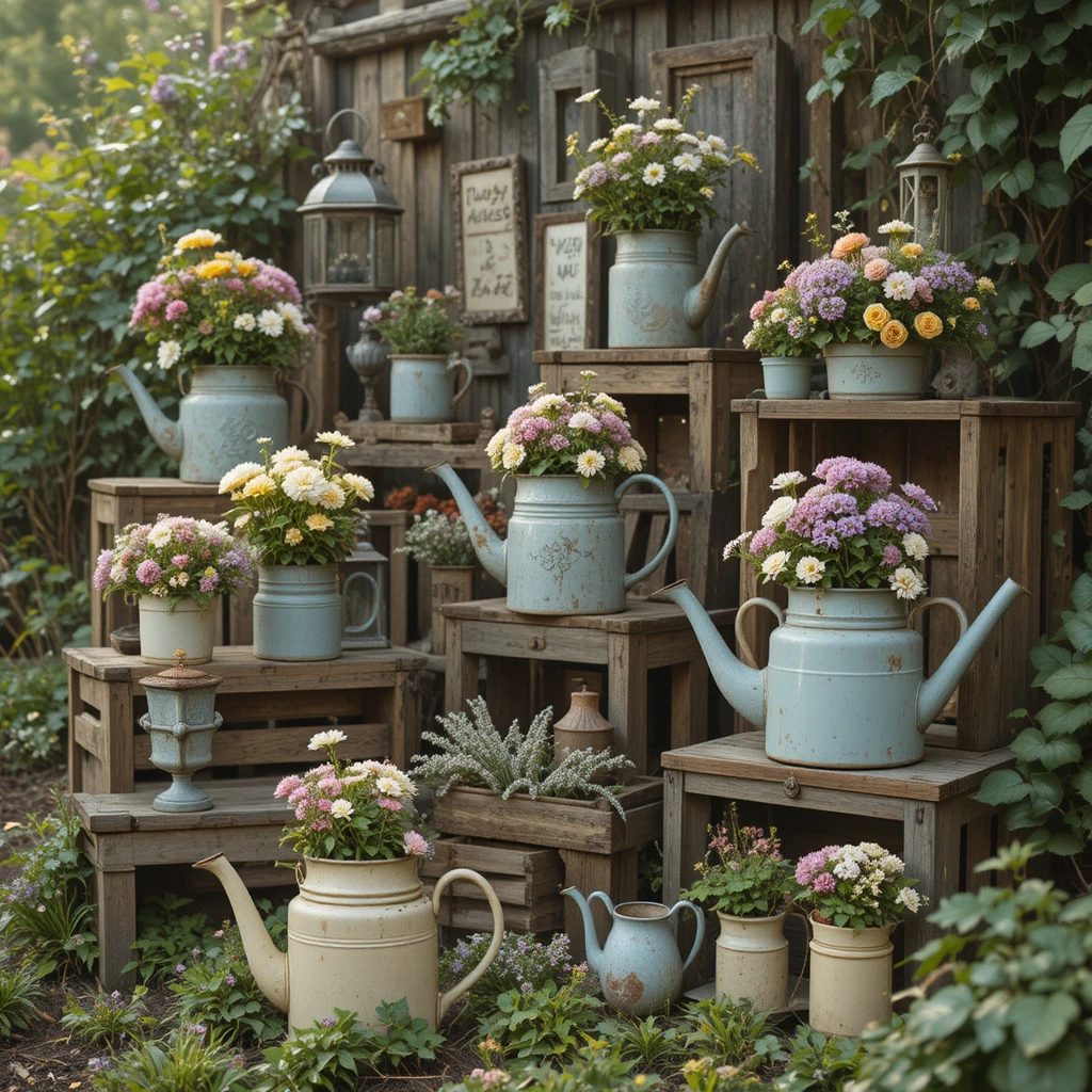 Creative vintage garden decor scene with repurposed items, old watering cans used as planters