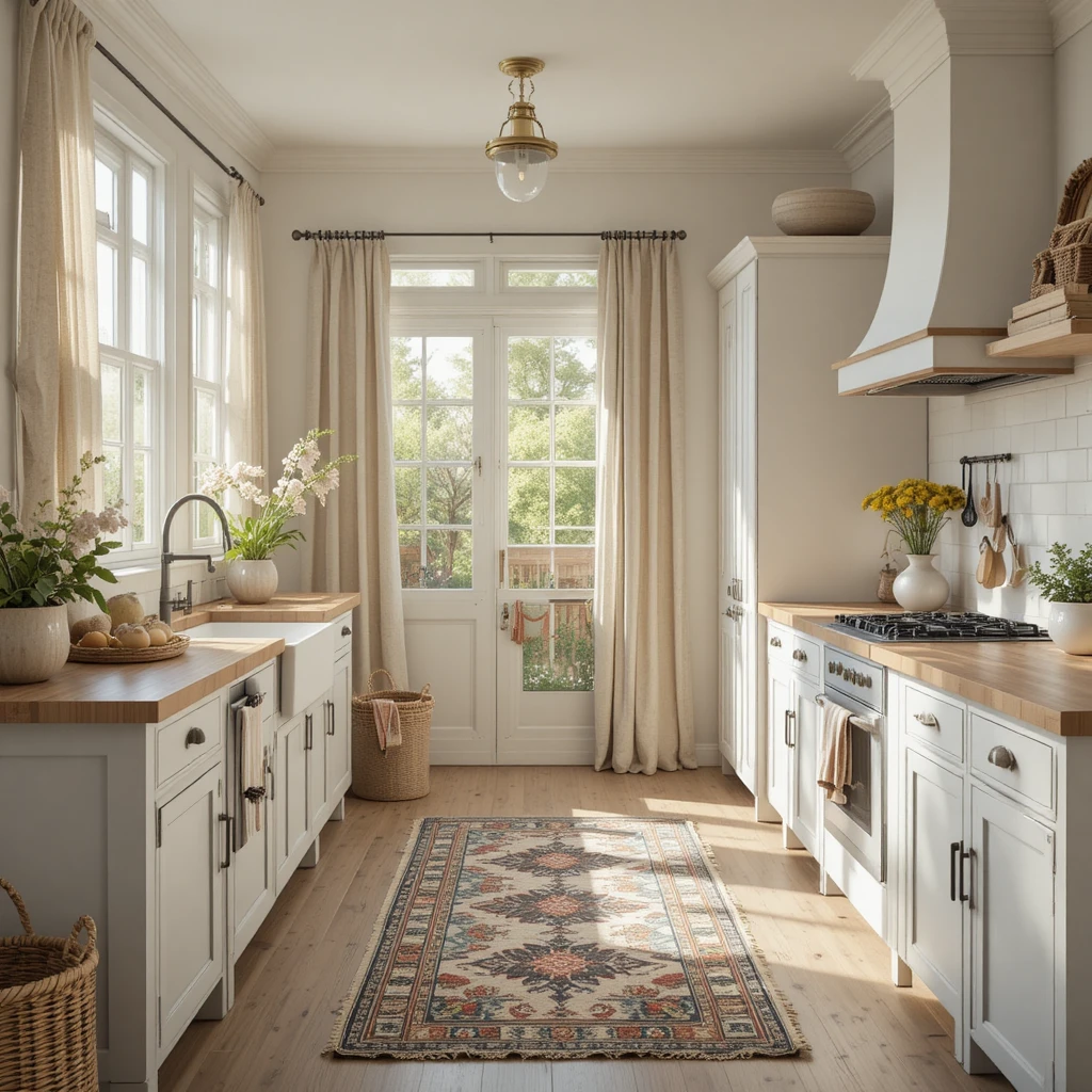 A warm and inviting farmhouse kitchen styled with cozy textiles, including a vintage patterned runne