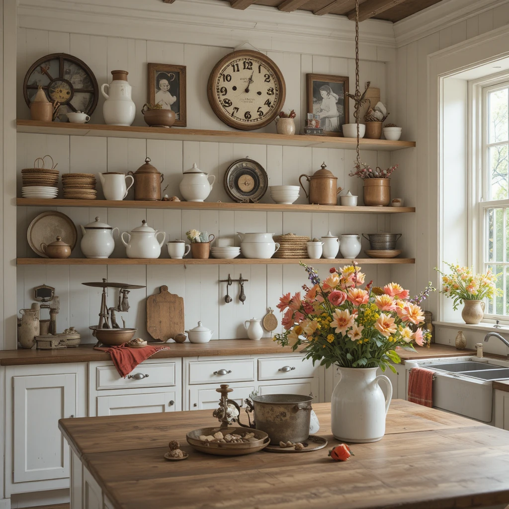 A beautifully styled farmhouse kitchen featuring antique decor such as a distressed wooden clock