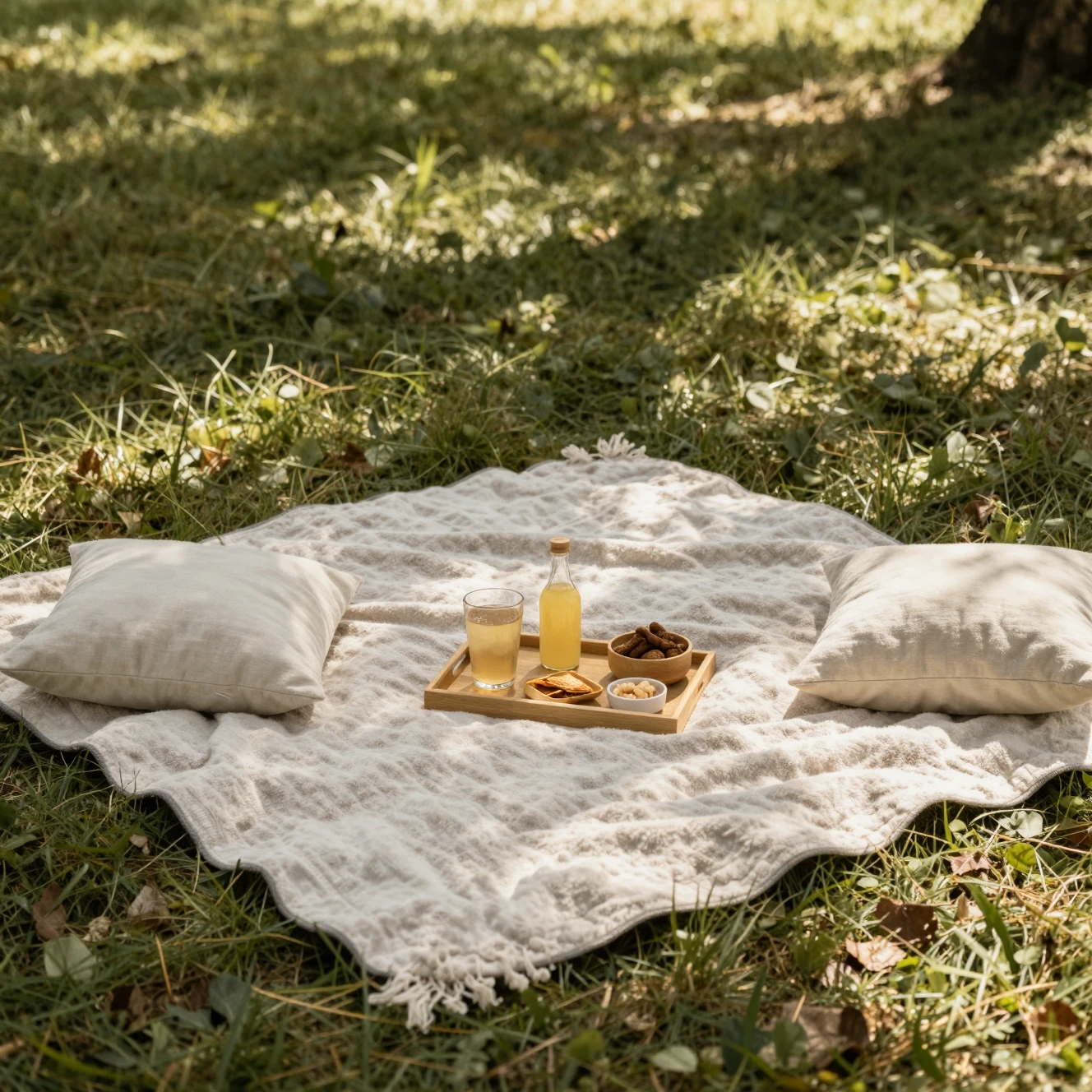 Soft textured picnic blanket spread on grass with cozy setup including cushions
