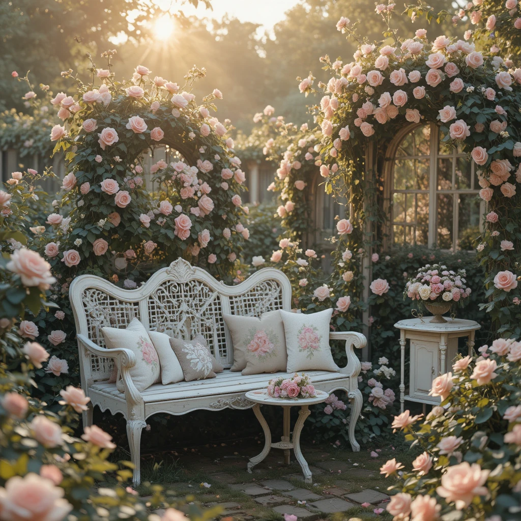 Elegant vintage garden scene with a romantic shabby chic aesthetic