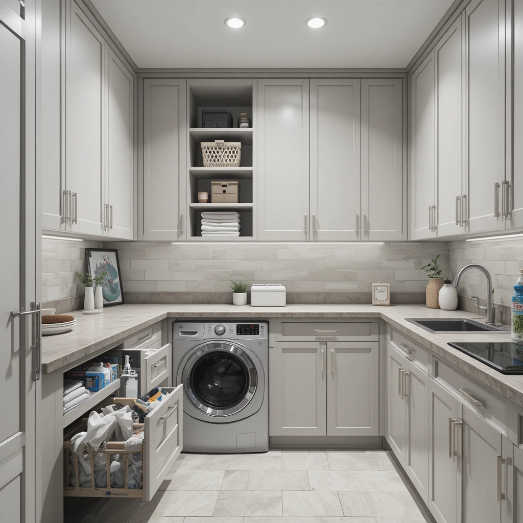 A minimalist laundry room with closed cabinets concealing storage, pull-out drawers slightly open sh