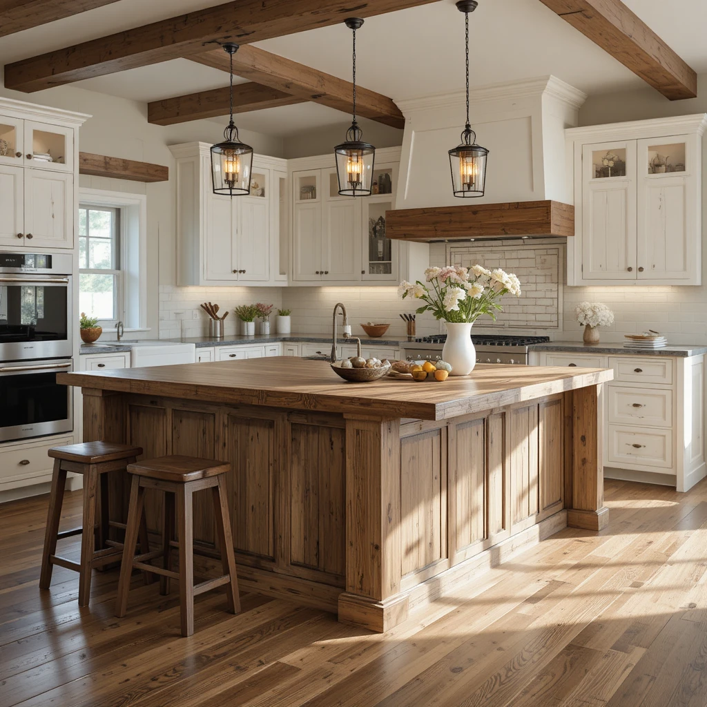 A stunning farmhouse kitchen centered around a rustic reclaimed wood island with a distressed finish