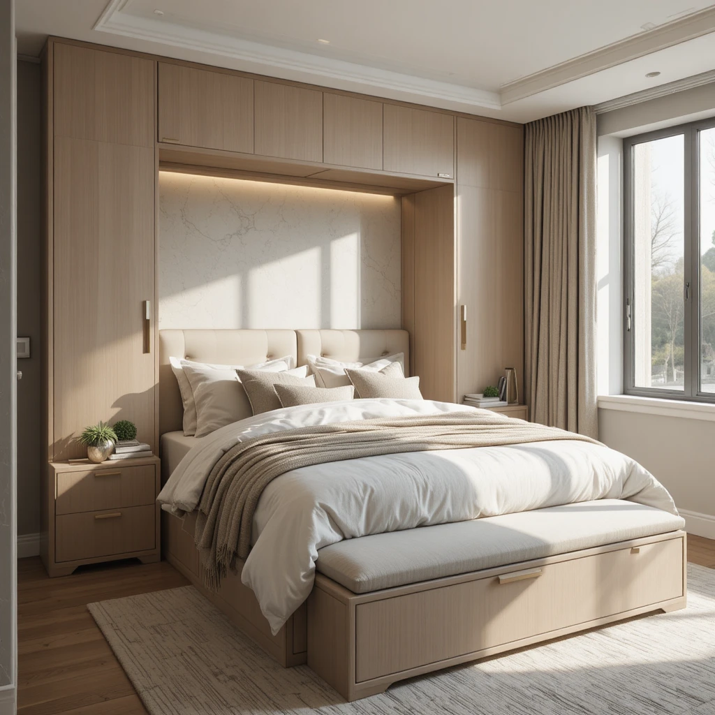 Compact bedroom featuring a bed with built-in storage drawers and a bench with hidden storage at the