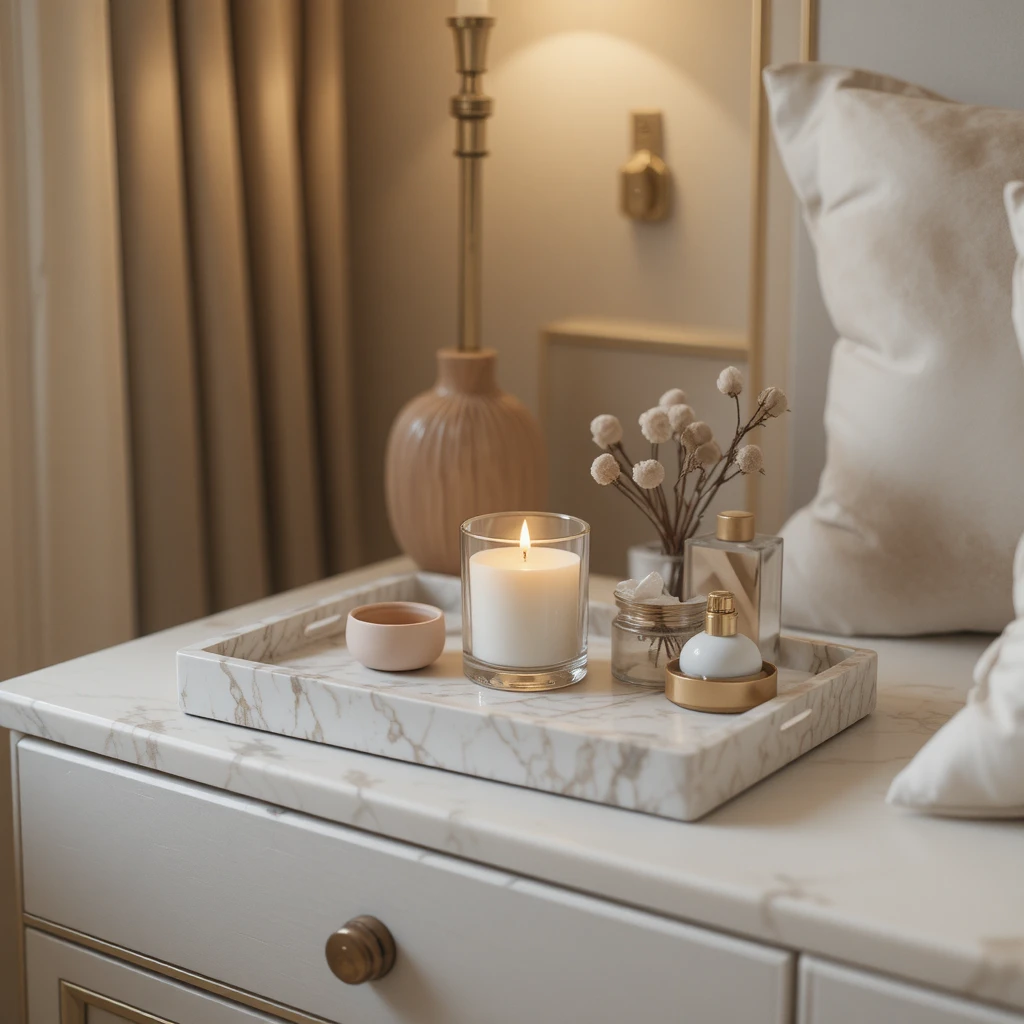 A close-up of a styled nightstand in a small bedroom featuring a marble tray holding a candle