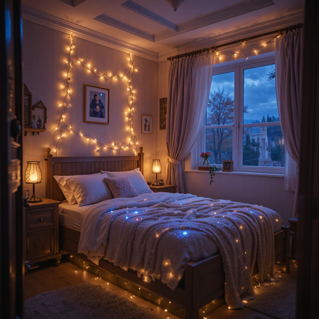 A small bedroom at night with warm layered lighting, fairy lights glowing softly around the bed