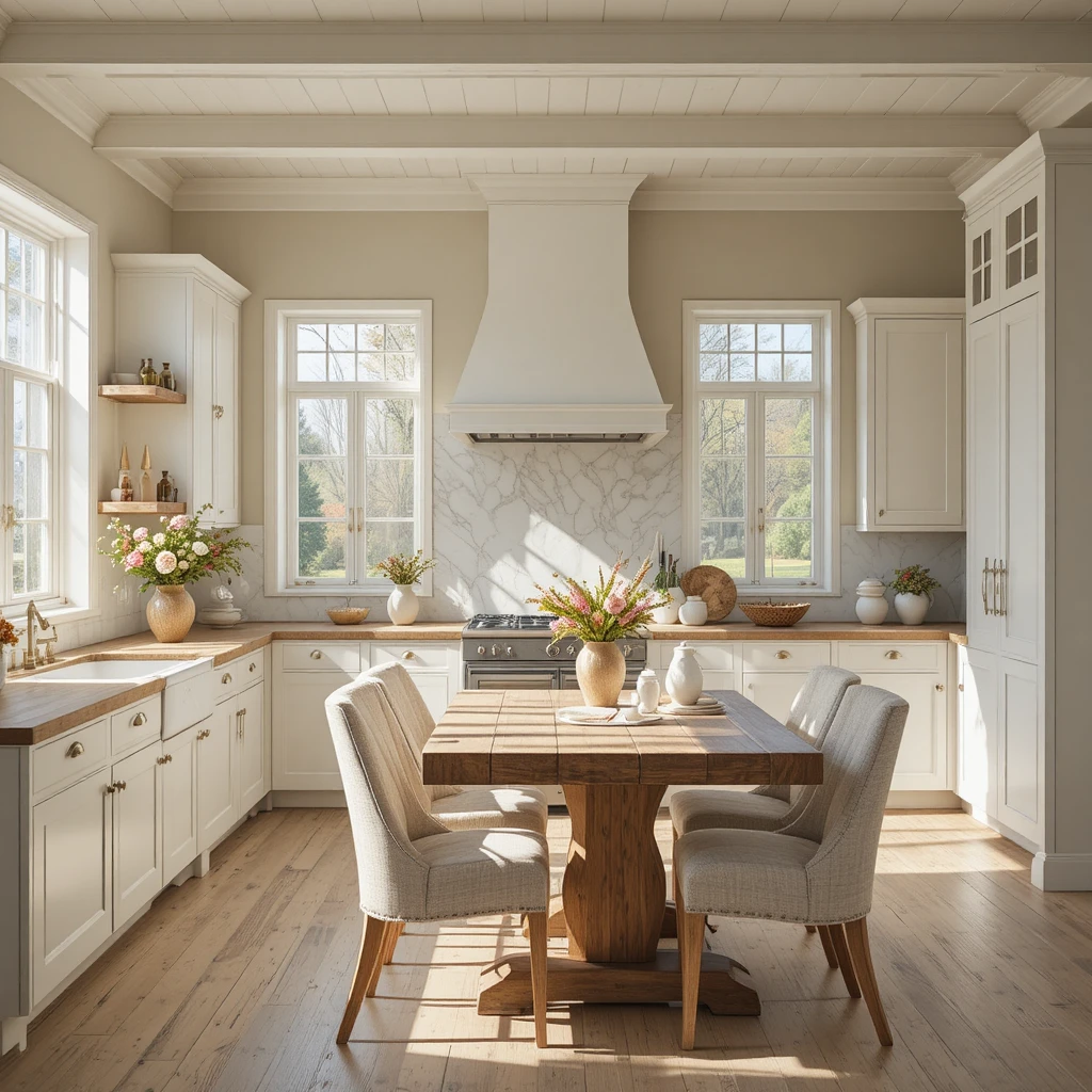 A bright farmhouse kitchen with a neutral color palette featuring white shaker cabinets