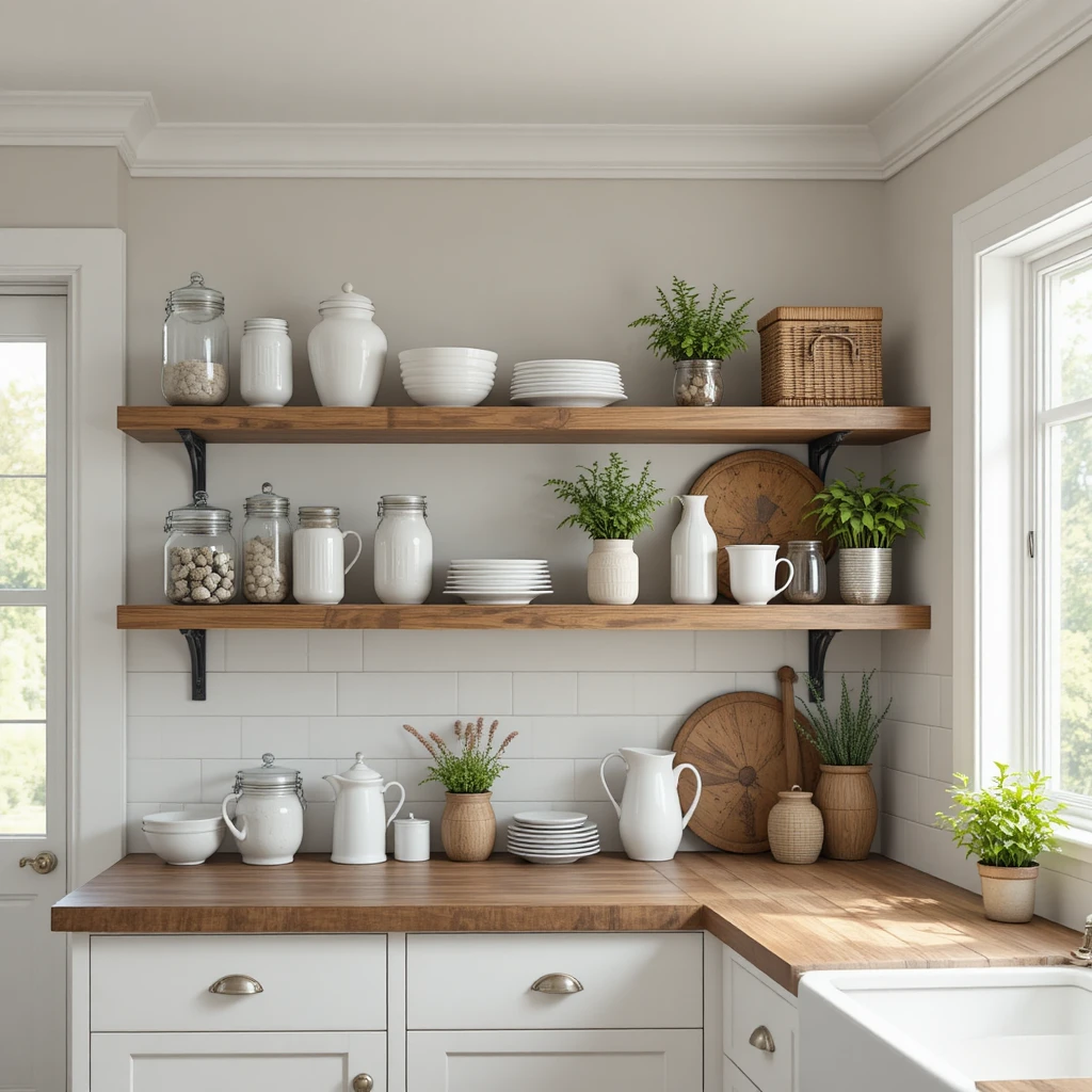 A charming farmhouse kitchen with open wooden shelves
