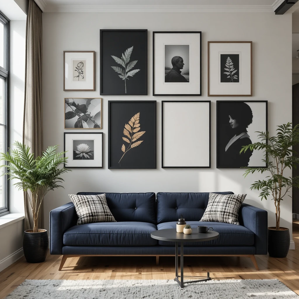 Gallery wall with multiple minimalist frames in black and wood tones, styled artwork, clean arrangem