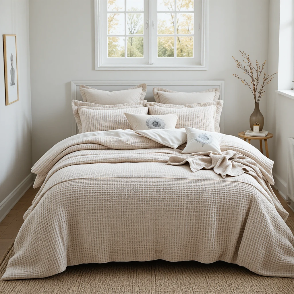 A neatly styled bed in a small bedroom with a neutral waffle knit duvet cover in beige tones