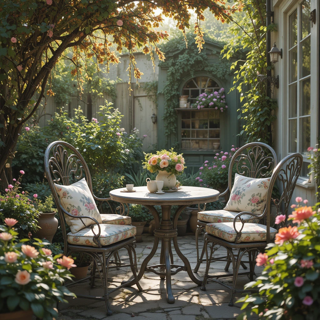 Charming outdoor seating area with wrought iron chairs and distressed wooden table