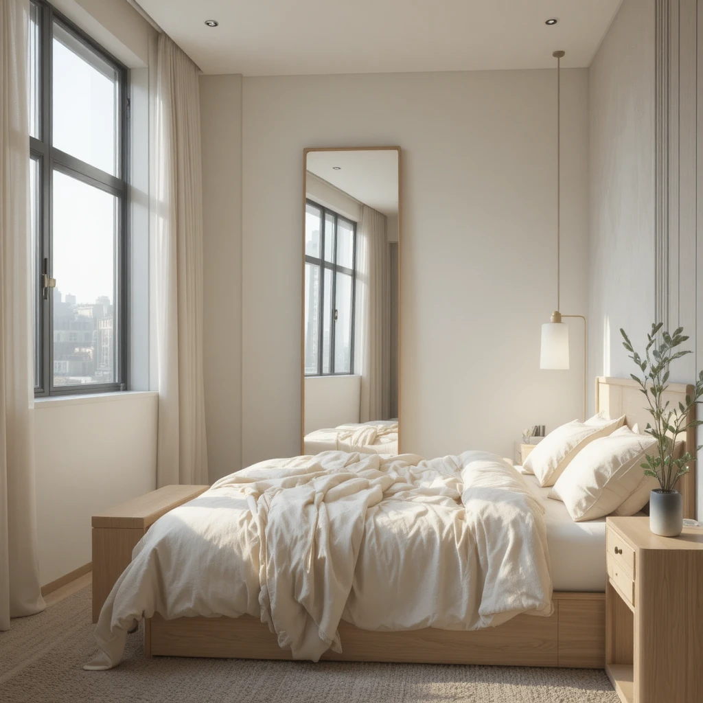 A small minimalist bedroom with a tall full-length mirror leaning against a wall