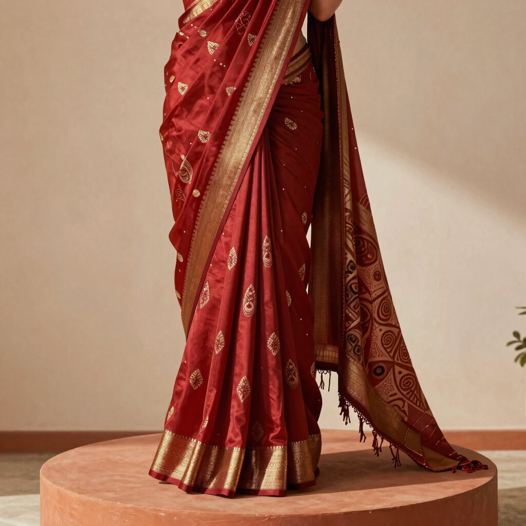 Ajrakh Handblock Printed Crimson Saree