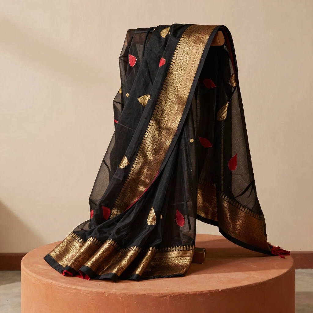 Dhaka Jamdani Charcoal Cotton Saree