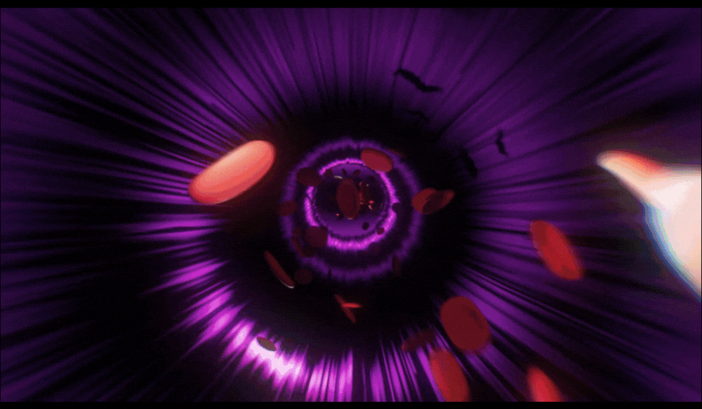 Anime-style purple warp tunnel with glowing light streaks and floating red circular debris.