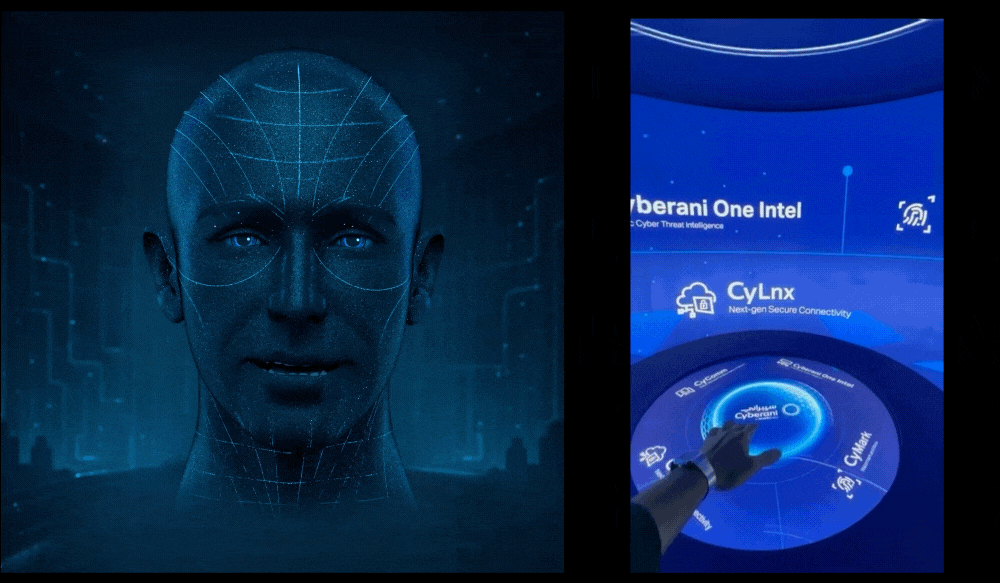 A digital hologram of a face and a futuristic virtual reality interface for cyber threat intelligenc