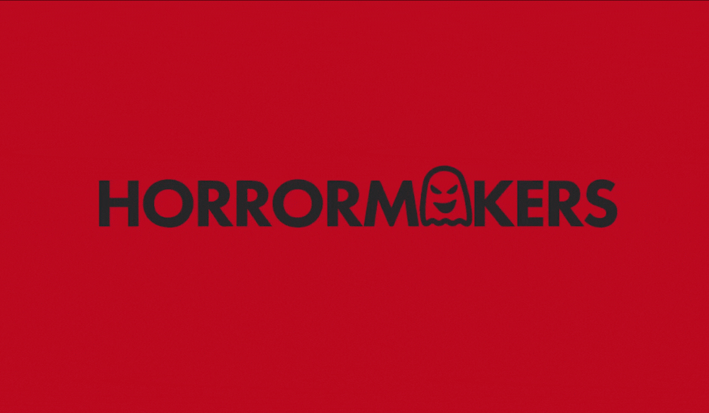 Horrormakers black logo text with a spooky ghost icon on a solid red background.