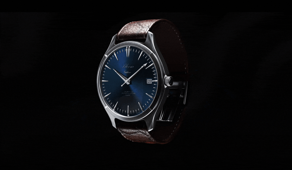 Luxury silver wristwatch with a deep blue dial and brown leather strap isolated on a black backgroun