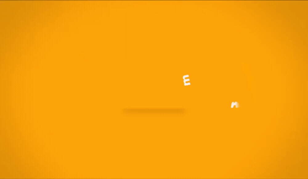 Animated white text floating over a vibrant orange background with a central horizontal line shadow.