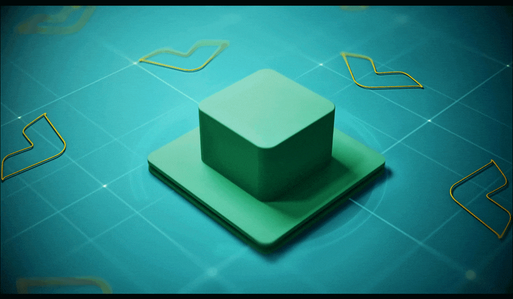 A 3D green square block sitting on a flat base against a teal grid background with yellow arrow icon