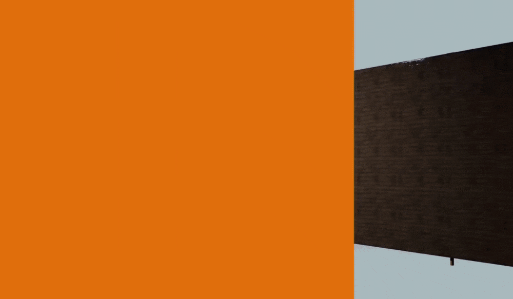 A minimalist graphic featuring a solid orange block next to a dark textured panel against a light bl