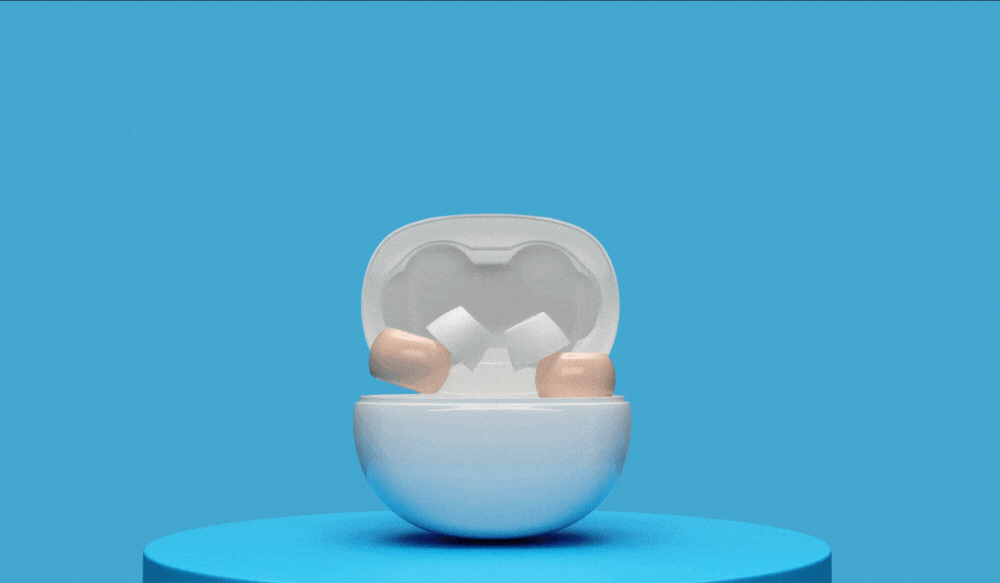 Two white wireless earbuds floating above an open white charging case on a blue background.