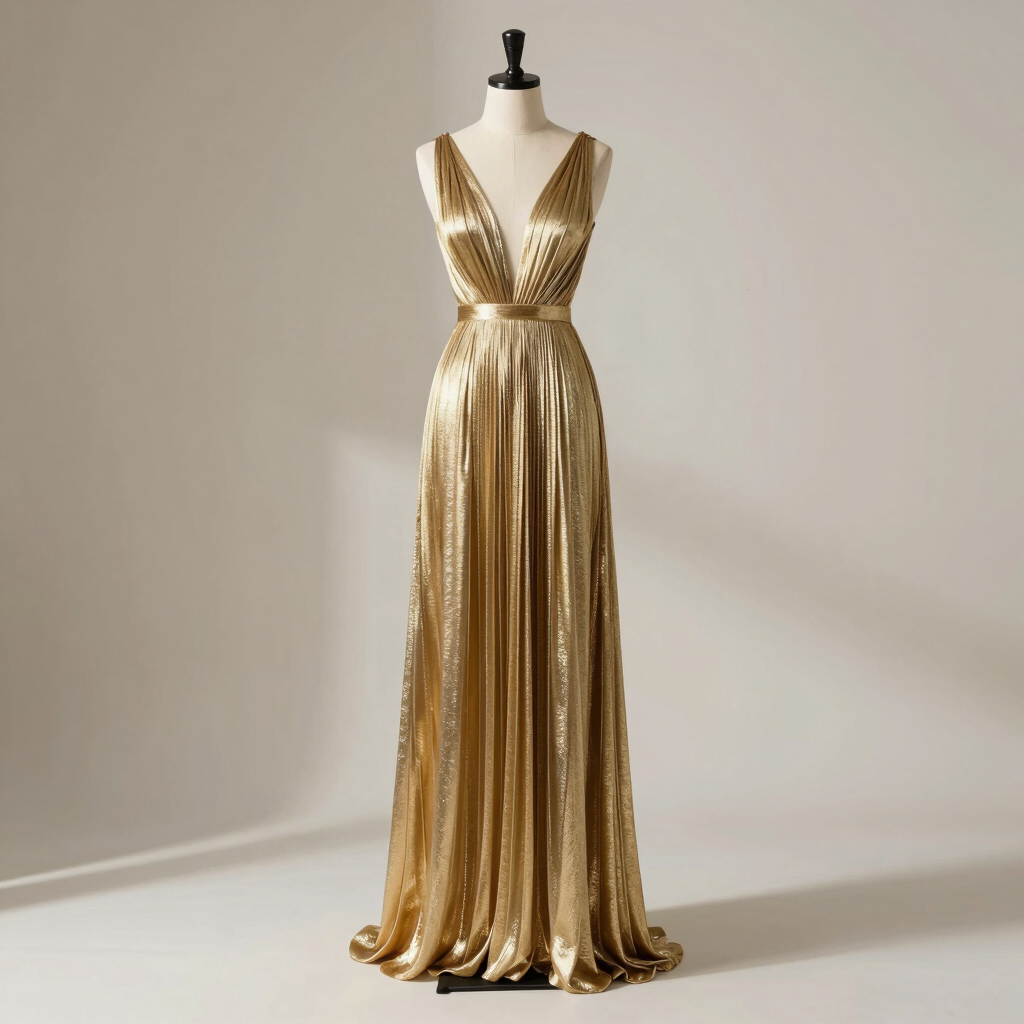 Elysian Gold Lamé Pleated Gown