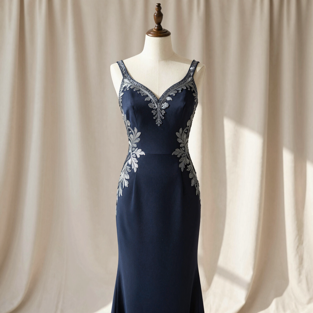 Embroidered Crepe Evening Gown