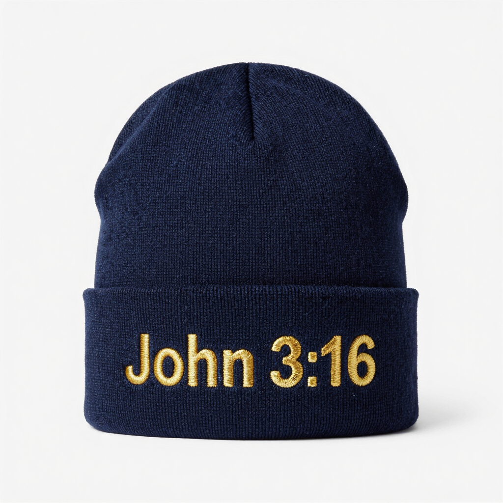 John 3:16 Embroidered Beanie - Navy Blue with Gold Embroidery