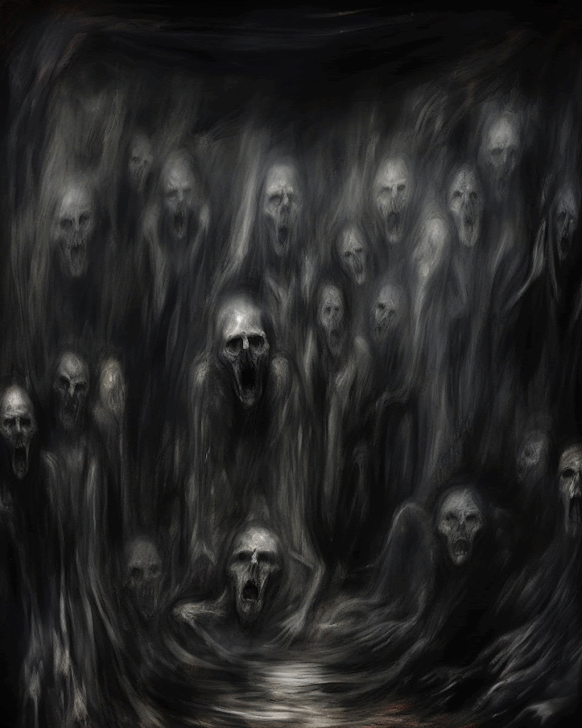 a group of skulls and skeletons in a dark room