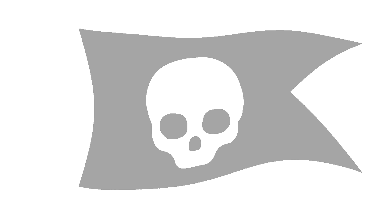A gray pirate flag with a black skull and crossbones emblem, waving against a black background.